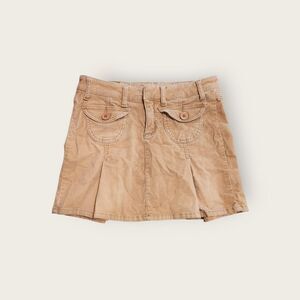 Vintage Y2k Rave tan corduroy pleated mini skirt with rhinestone detail on back